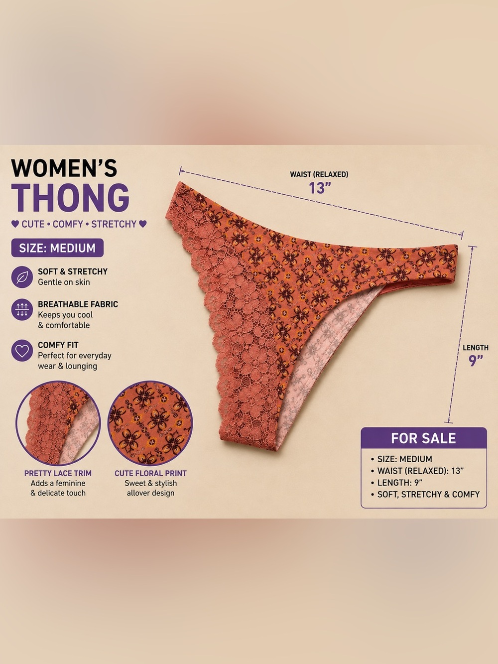 Jessica Simpson Rust Pink Floral Lace Trim Thong MEDIUM